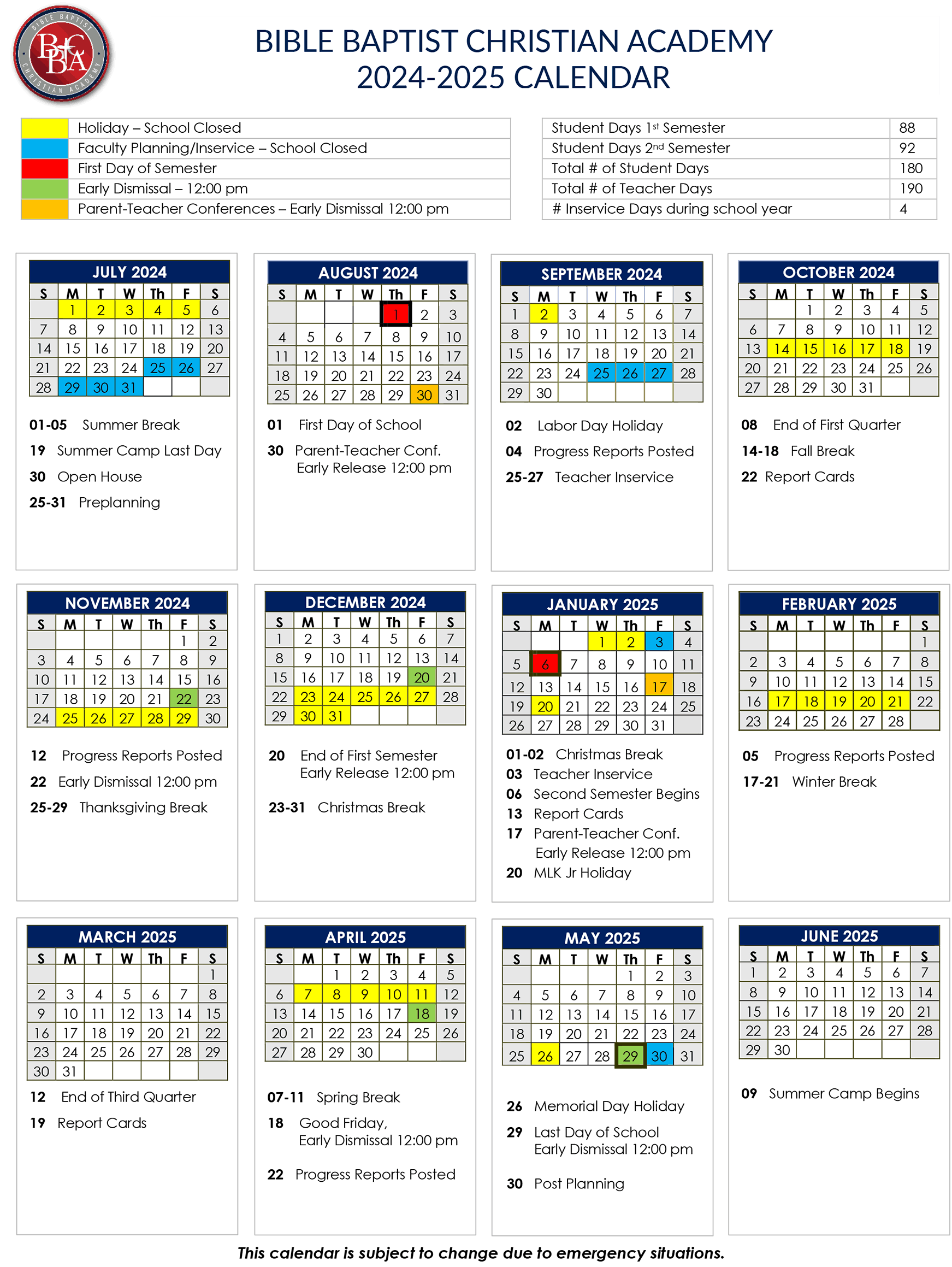 Academy School Calendar