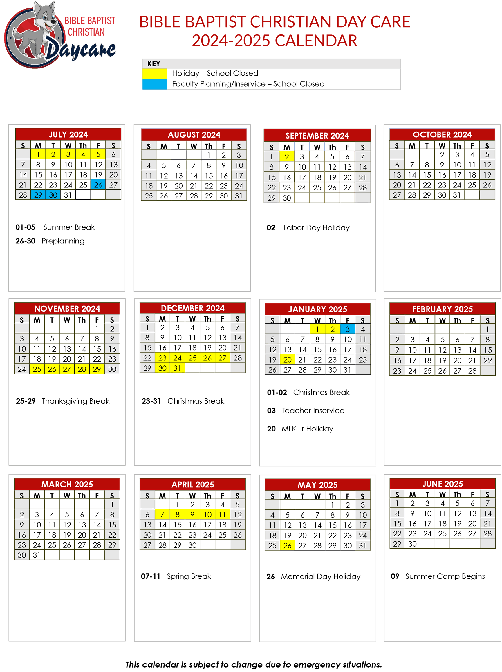 2024-25 Daycare Calendar